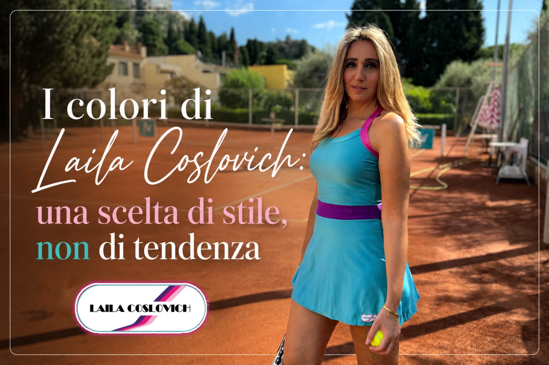 Palette colori del brand Laila Coslovich: fucsia, viola, verde acqua e bianco per abbigliamento tennis chic