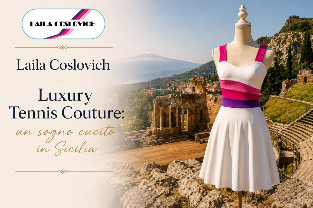 Uno degli abiti da tennis sartoriali Made in Italy del brand Laila Coslovich su un bustino sartoriale con il Teatro Greco di Taormina sullo sfondo in Sicilia
