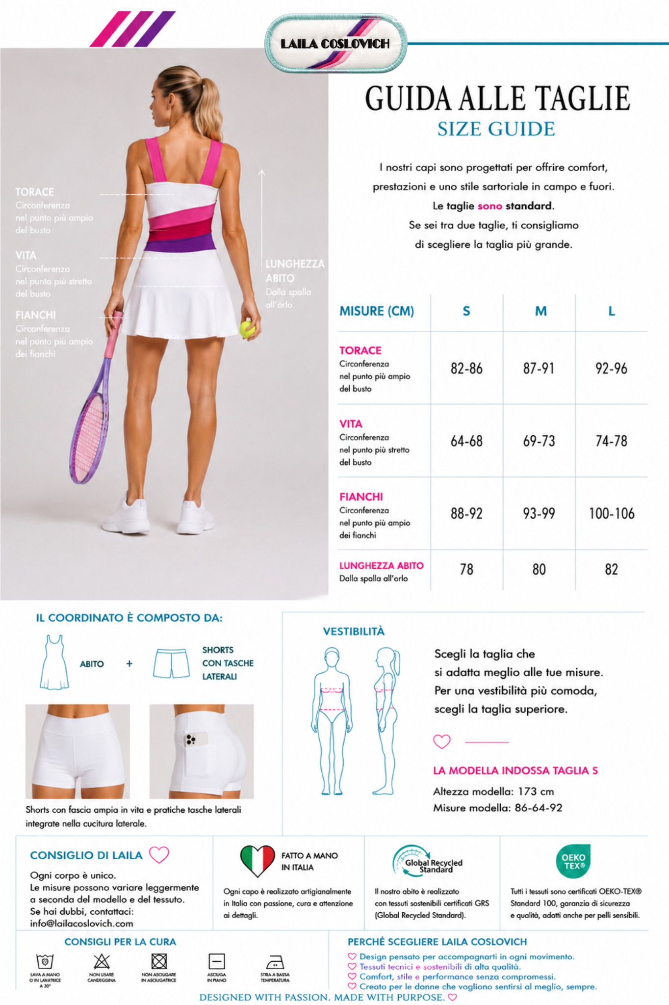 Guida alle taglie abito da tennis Laila Coslovich modello ICONIC bianco